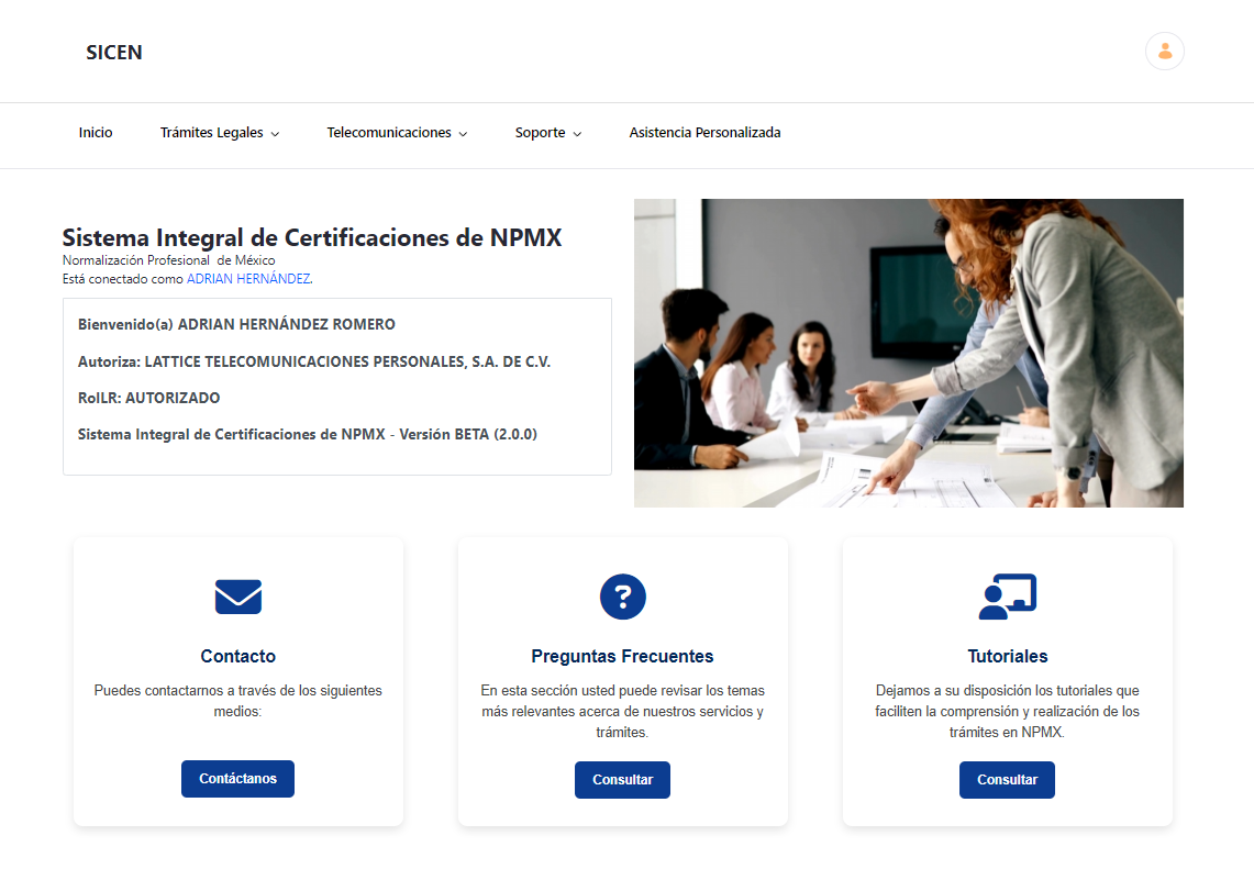 Pantalla principal del sistema SICEN
